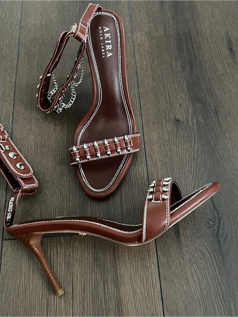 AKIRA Brown Studded Chain-Accent Open Toe Heels